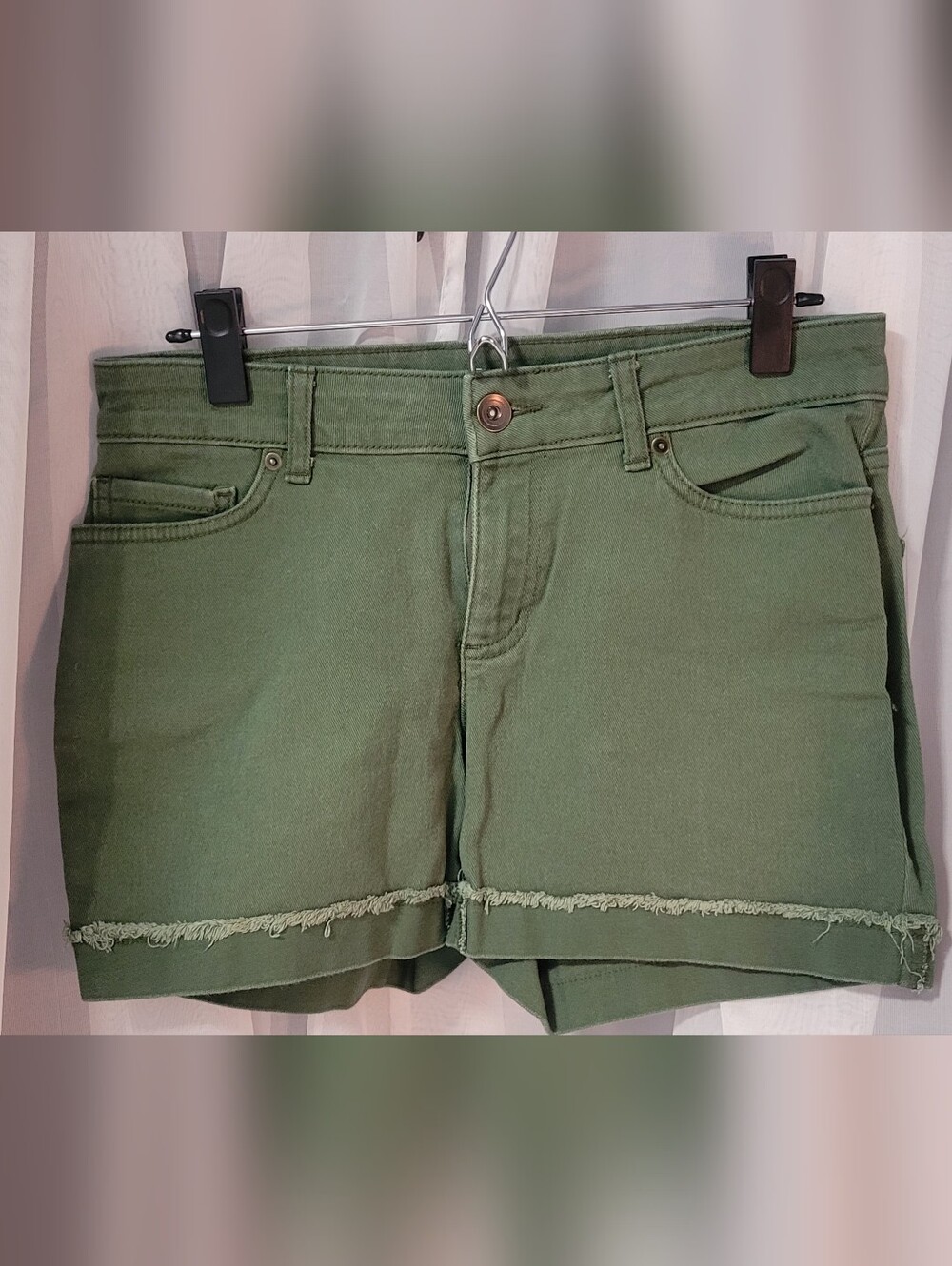 Time and Tru Olive Green Frayed Hem Denim Shorts